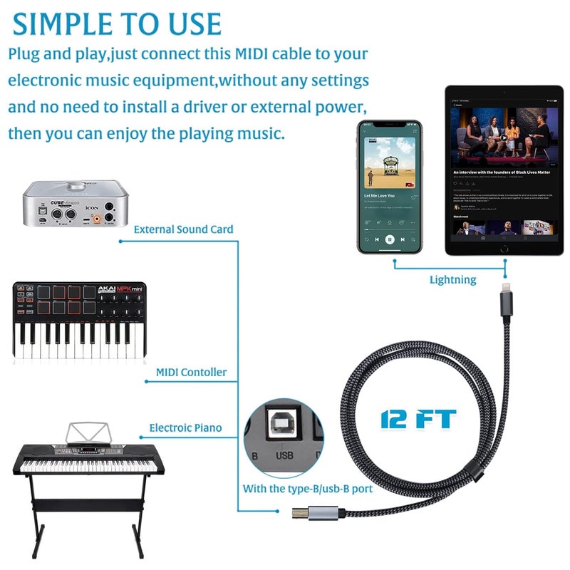 WORLDBOYU Lightning to MIDI Cable USB OTG Type B Cable for Select iPhone, iPad Models for Midi Controller, Electronic Music Instrument, Midi Keyboard, USB Microphone (12FT) - Image 3